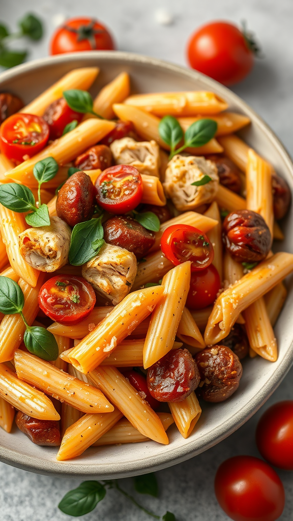 A plate of Sun-Dried Tomato and Chicken Penne with vibrant tomatoes and creamy sauce.