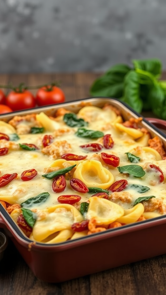 A baked dish of tortellini with sun-dried tomatoes and spinach, topped with melted cheese.