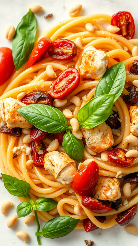 A plate of sun-dried tomato chicken pasta with basil leaves and cherry tomatoes.
