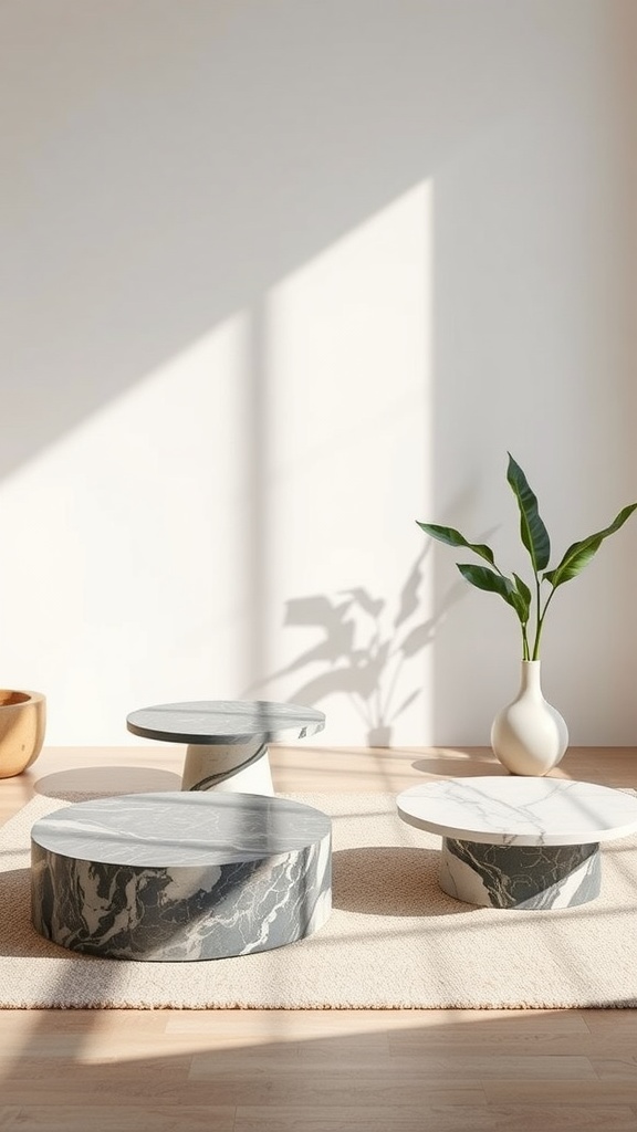 A stylish arrangement of marble coffee tables in a cozy setting with natural light.