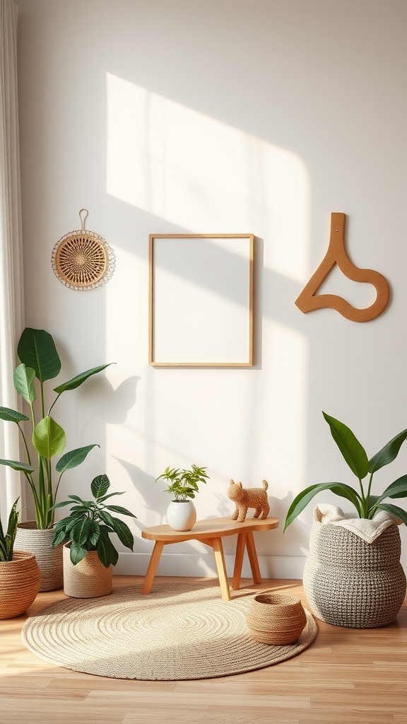 Minimalist living room with plants and natural decor elements.