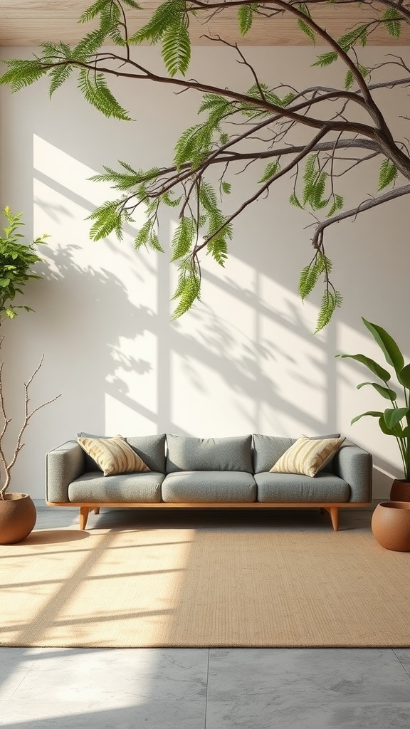 A clean-lined modular sofa with a light color palette in a well-lit room featuring plants.