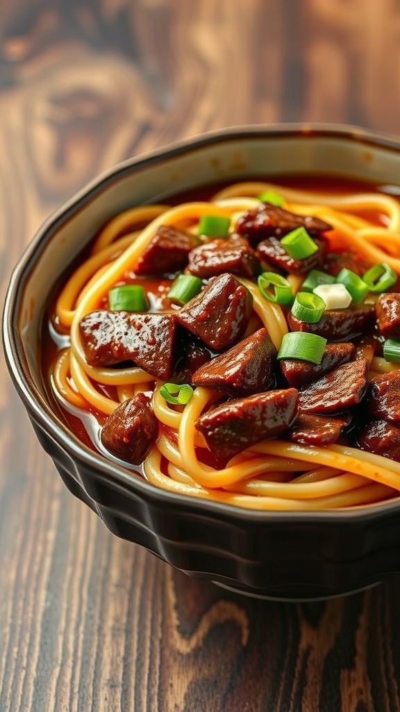 Bowl of sweet and savory beef noodles topped with green onions.