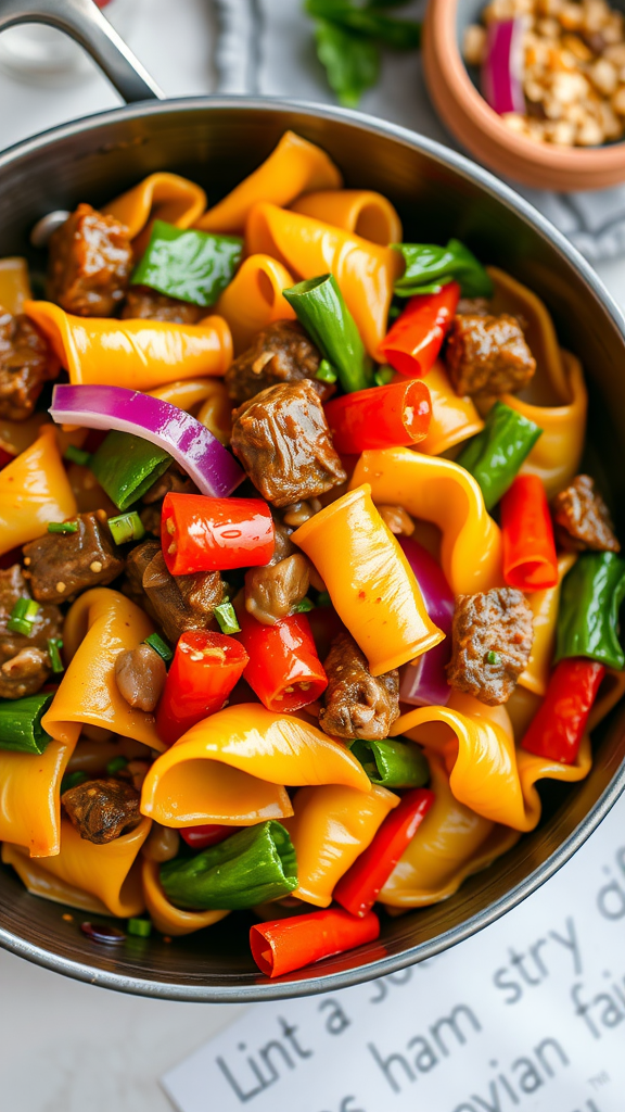 A pot of sweet and sour beef bowtie stir-fry with pasta, beef chunks, and colorful bell peppers.