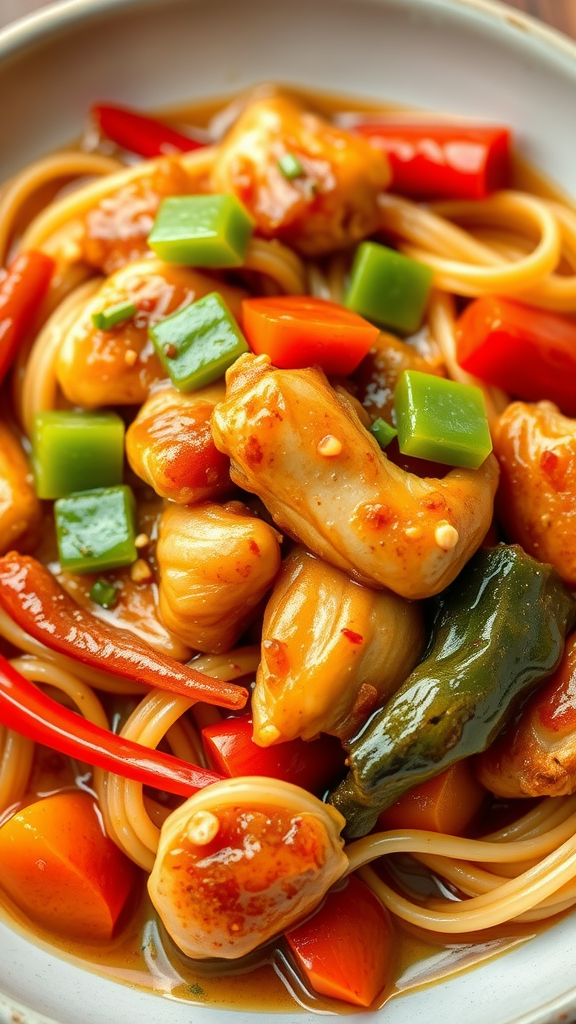 A plate of Sweet and Sour Chicken Pasta with vibrant colors and ingredients.