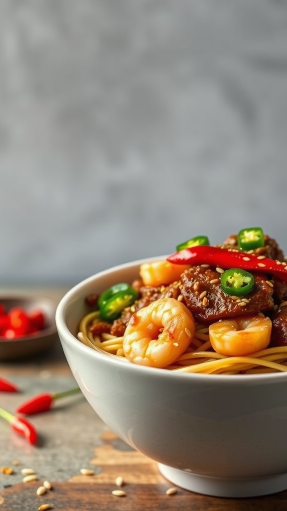 A bowl of sweet and sour chili beef shrimp noodles with garnishes