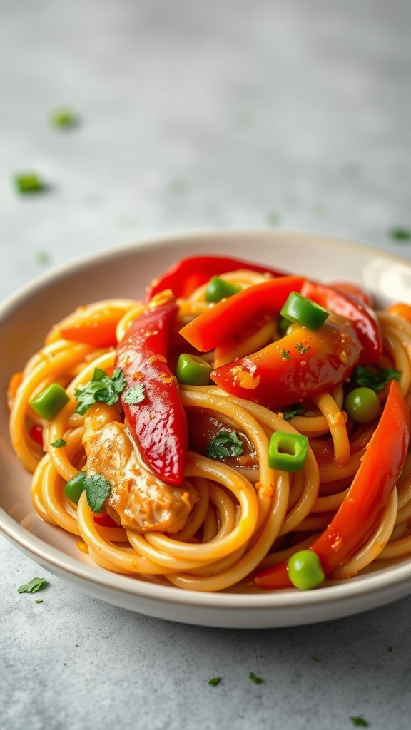 Plate of sweet and sour Marry Me Chicken Pasta with peppers and green onions