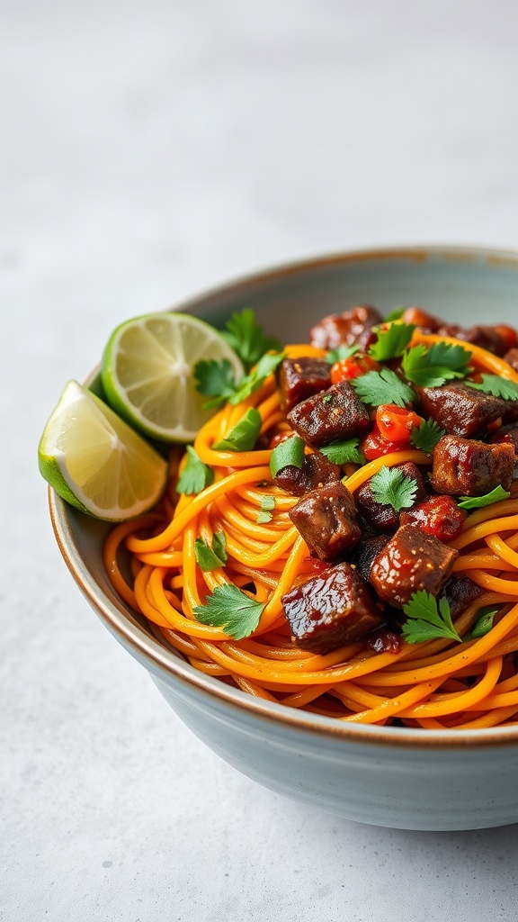 A bowl of sweet and spicy Mongolian beef noodles garnished with lime and herbs.