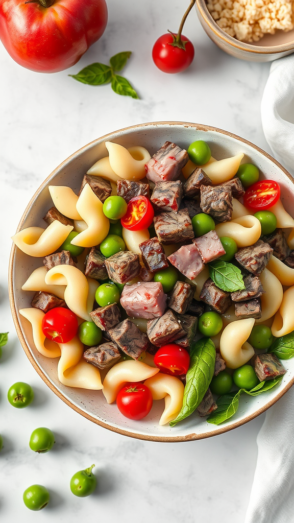 A bowl of Sweet Pea and Beef Bowtie Salad featuring pasta, beef chunks, green peas, and cherry tomatoes.