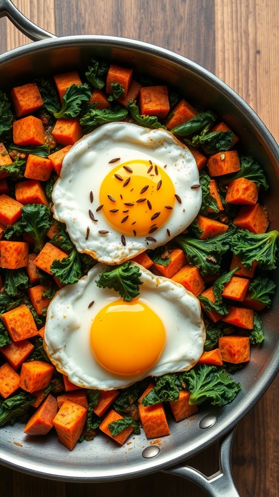 A pan filled with cooked sweet potatoes, kale, and two sunny-side-up eggs.