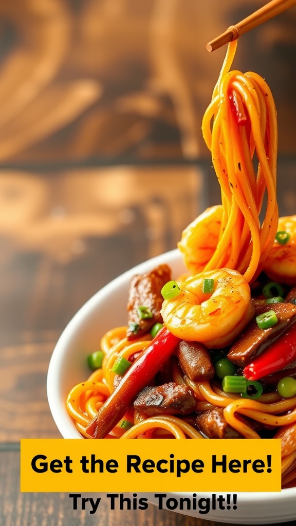 A bowl of Szechuan beef and shrimp noodles garnished with green onions and red chili.