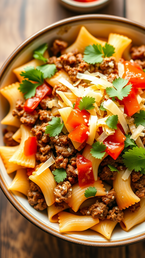 A bowl of taco beef bowtie pasta topped with cheese, tomatoes, and cilantro.