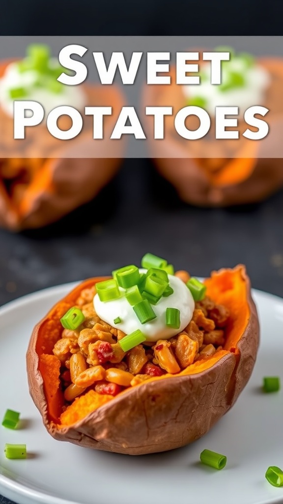 A plate of taco stuffed sweet potatoes topped with green onions and sour cream.