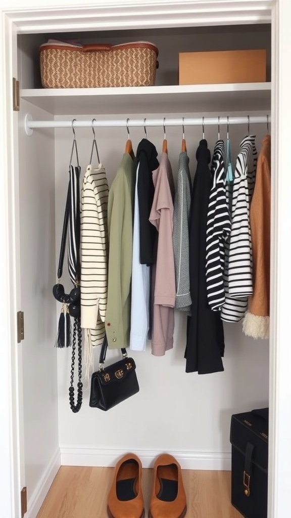 A well-organized closet featuring tension rods with hanging clothes and accessories.