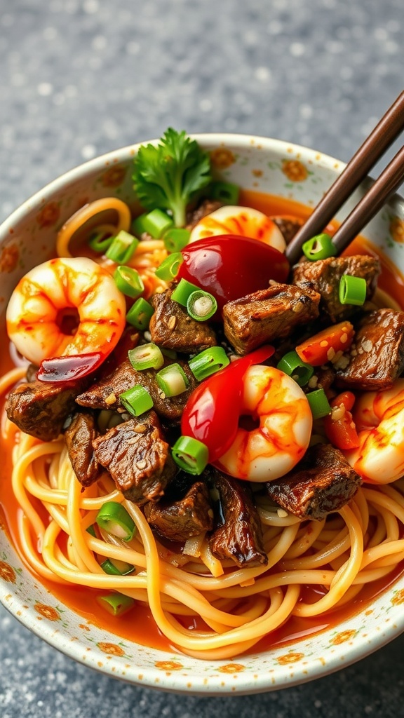 A vibrant bowl of teriyaki beef and shrimp noodles, topped with green onions and red peppers.