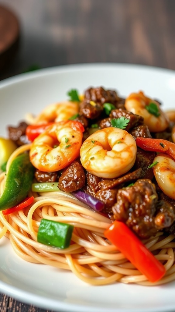 A delicious plate of Teriyaki Beef and Shrimp Stir Fry served over noodles with colorful vegetables.