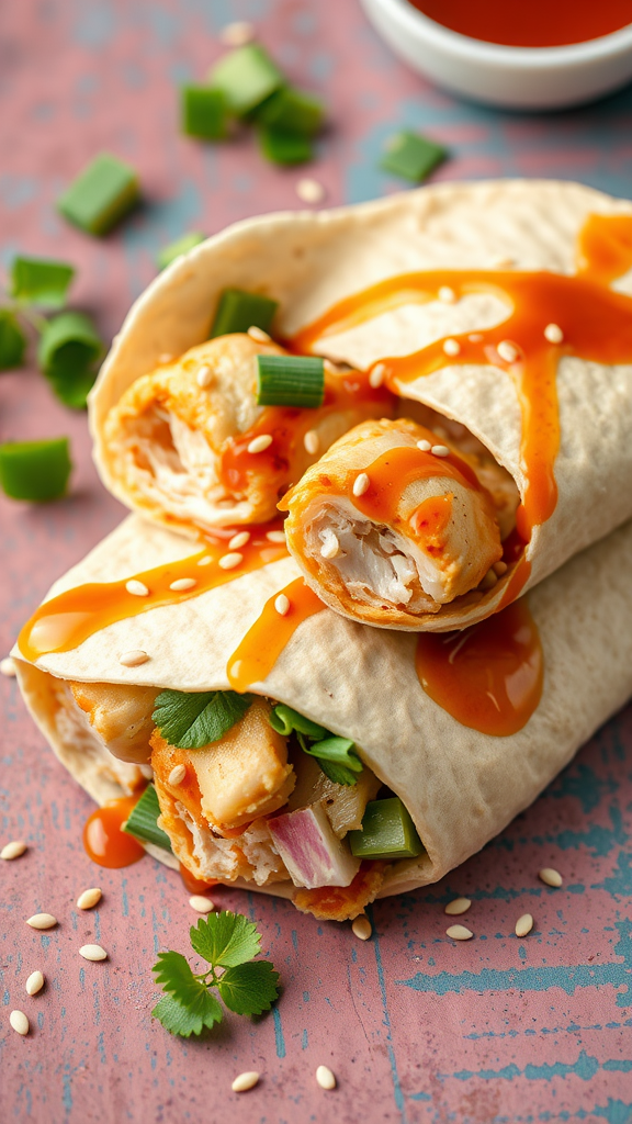 Teriyaki cheesy chicken wrap with green onions and sauce