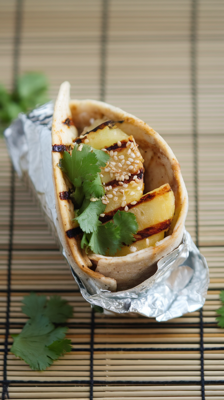A delicious teriyaki chicken and pineapple wrap with cilantro