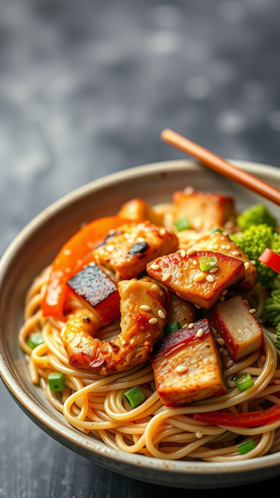 Teriyaki Chicken Noodle Bowl with vegetables and sesame seeds