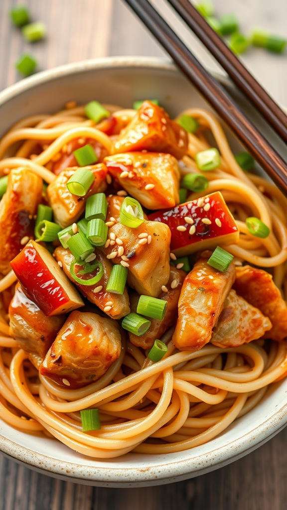 A bowl of teriyaki chicken noodles topped with green onions.