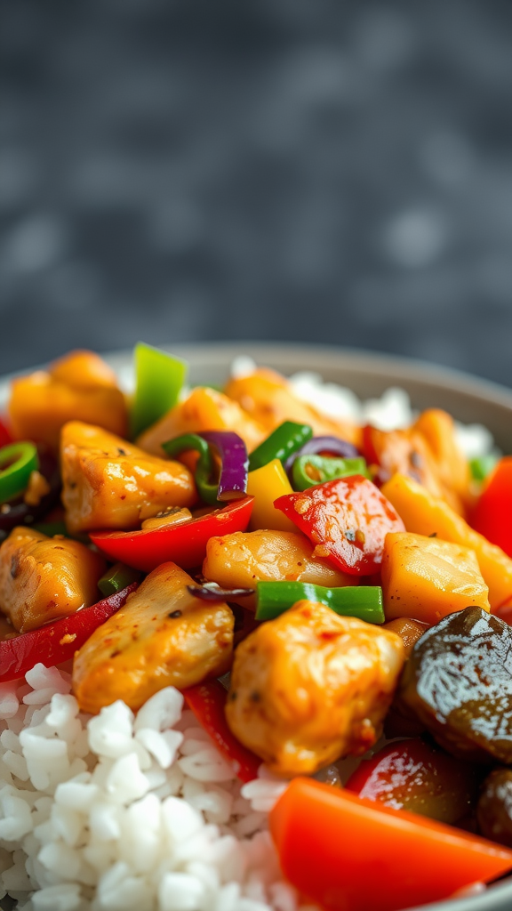 A vibrant plate of teriyaki chicken stir-fry with colorful vegetables over rice.