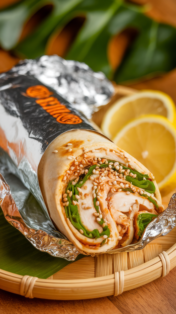 A delicious teriyaki garlic chicken wrap with greens and sesame, served with lemon slices.