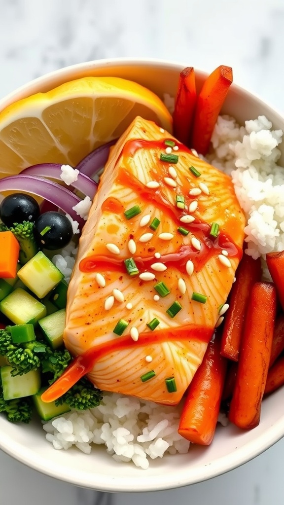 A bowl of teriyaki salmon with vegetables and rice, garnished with lemon and sesame seeds.