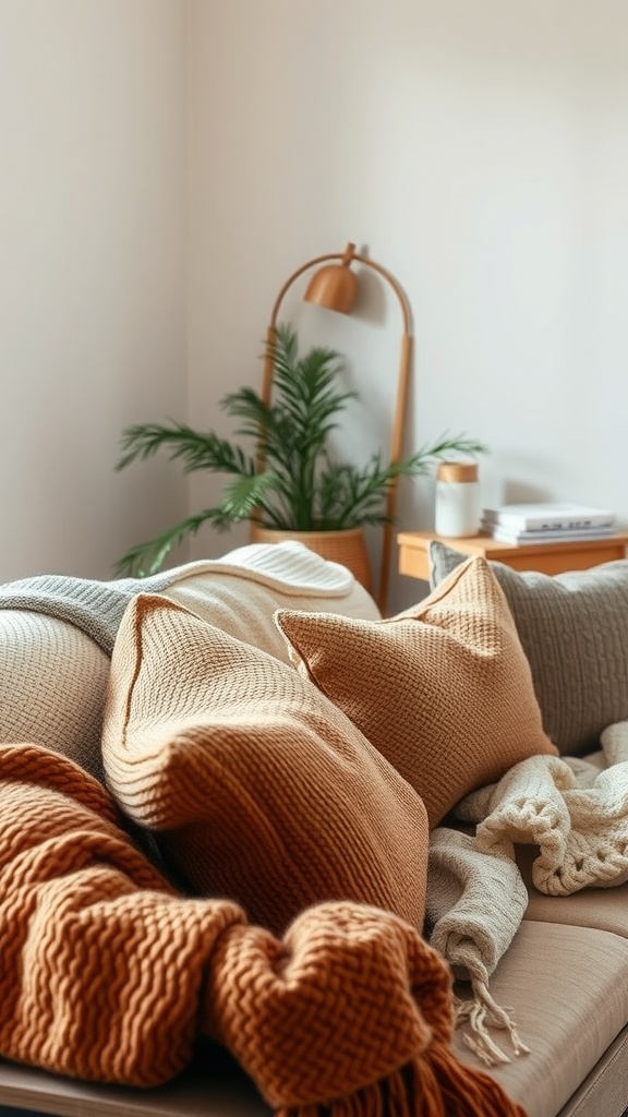 Cozy couch with textured pillows and knitted blankets in warm colors.