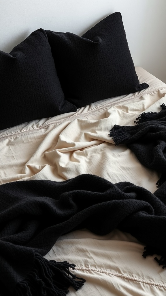 A minimalist bed setup featuring black pillows and a blanket with a light-colored sheet.