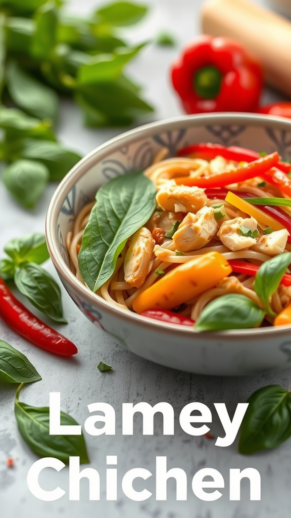 Bowl of Thai basil chicken noodles with colorful peppers and fresh basil leaves.