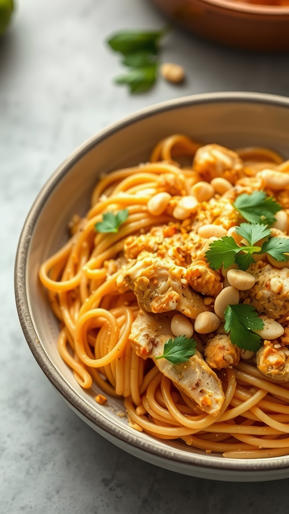 A bowl of Thai Peanut Chicken Pasta topped with peanuts and cilantro.
