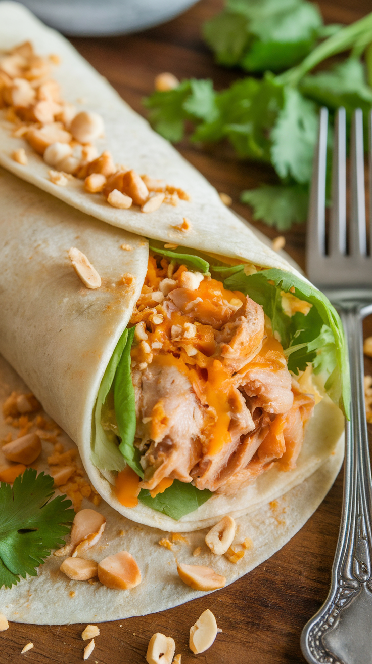 A Thai peanut chicken wrap with shredded chicken, lettuce, cheese, and crushed peanuts, served on a wooden table.