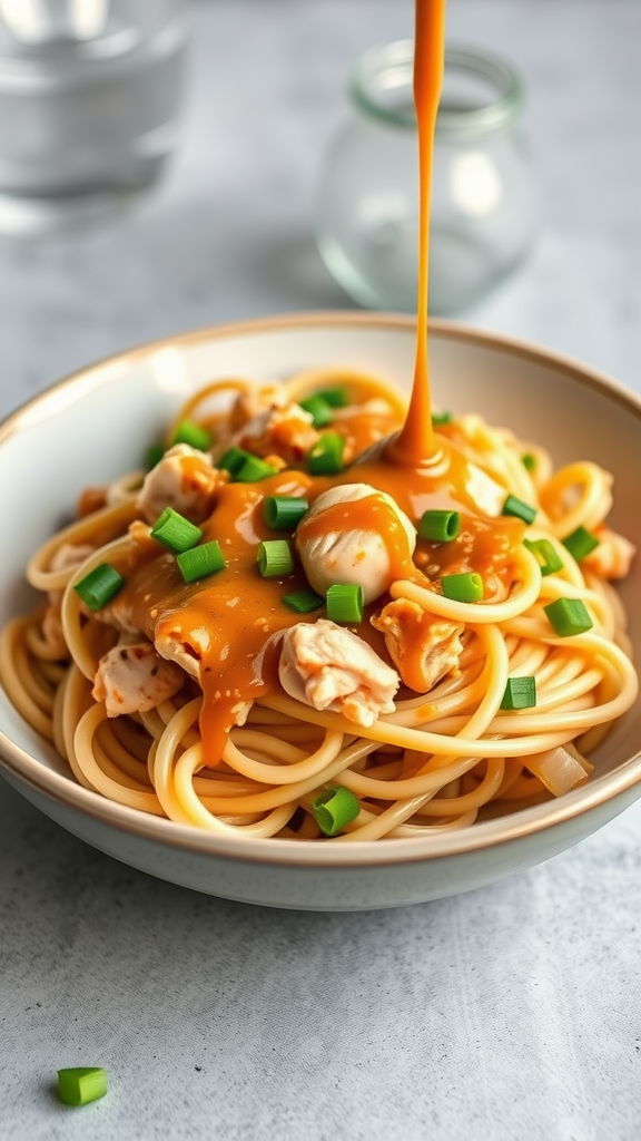 A bowl of Thai Peanut Marry Me Chicken Pasta topped with green onions.