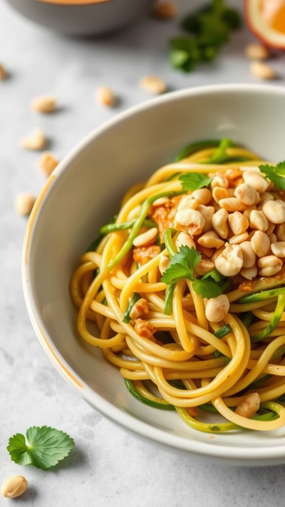 A bowl of Thai peanut zoodles garnished with peanuts and cilantro.