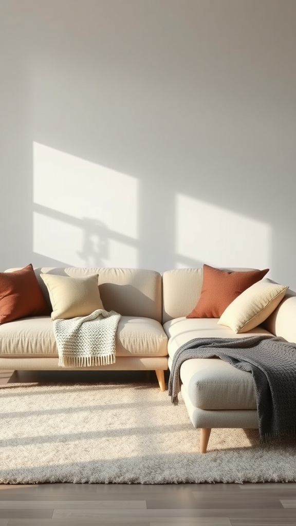 A clean-lined modular sofa with layered textures, including cushions and throws, in a warm, inviting setting.