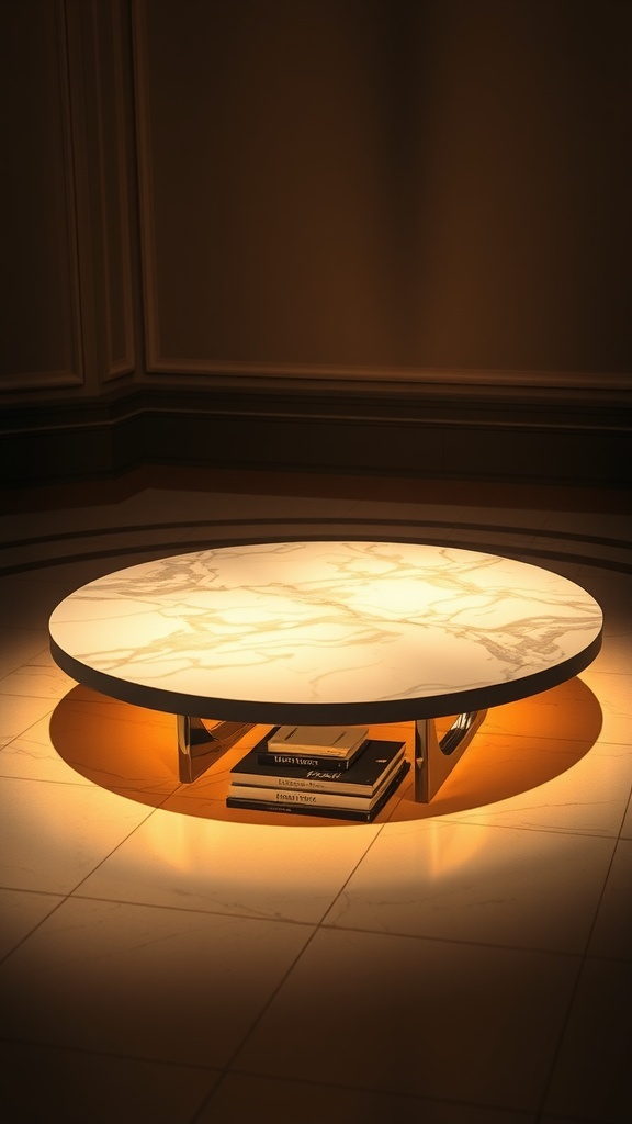 A marble coffee table illuminated softly, showcasing its elegant design.