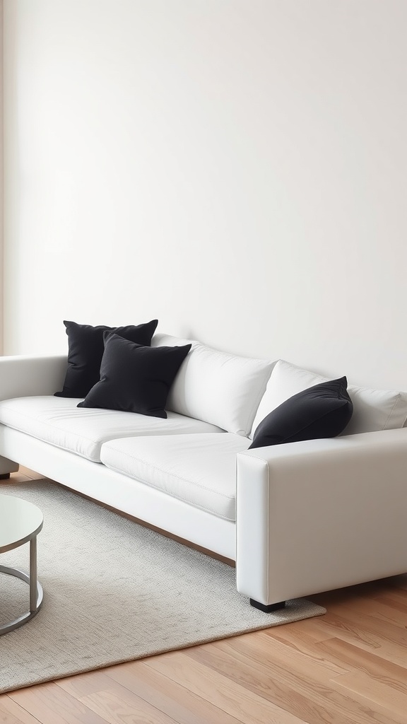 A minimalist living room featuring a white sofa adorned with black throw pillows.