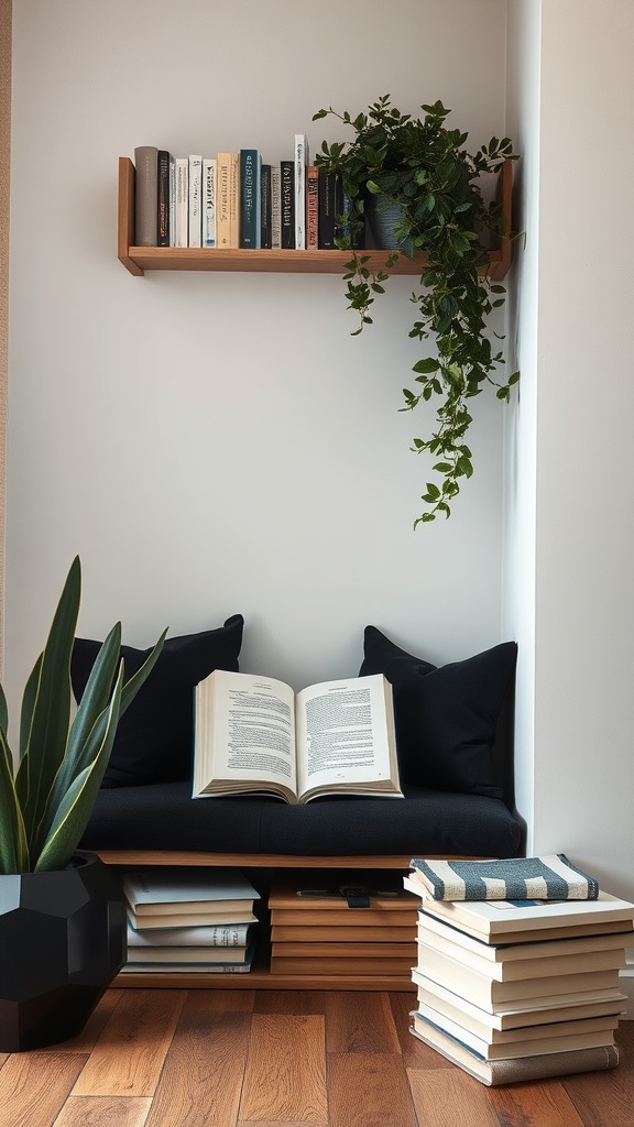 A minimalist reading nook with black accents, showcasing an open book and plants.