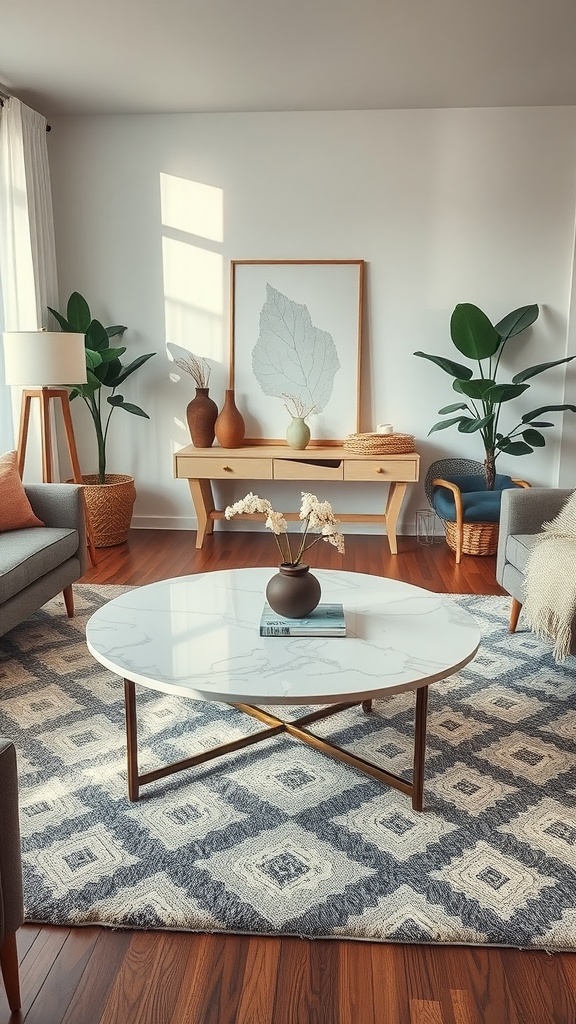 A stylish marble coffee table in a cozy living room setting.