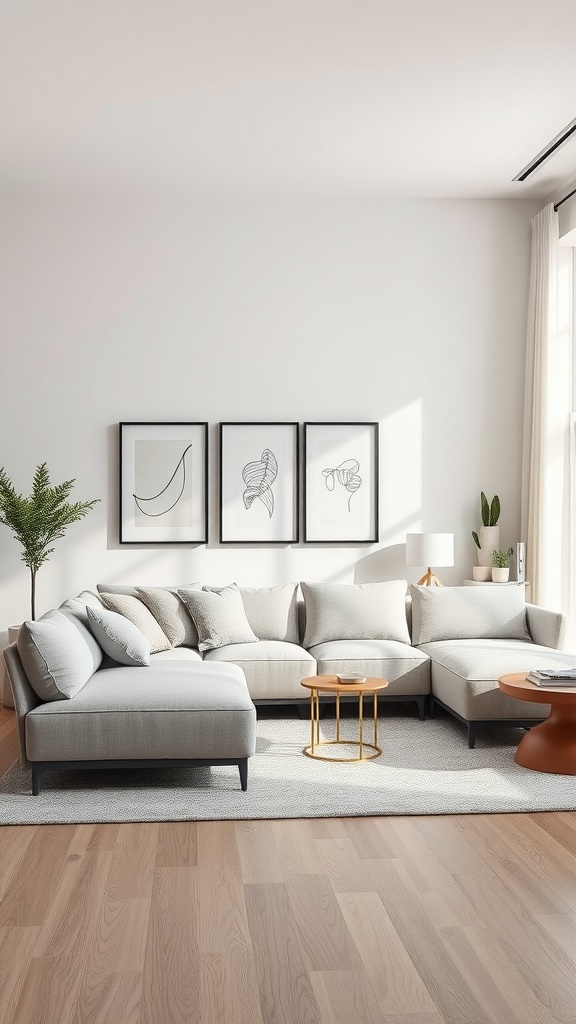 A sleek, gray modular sofa in a modern living room setting with artwork on the wall.