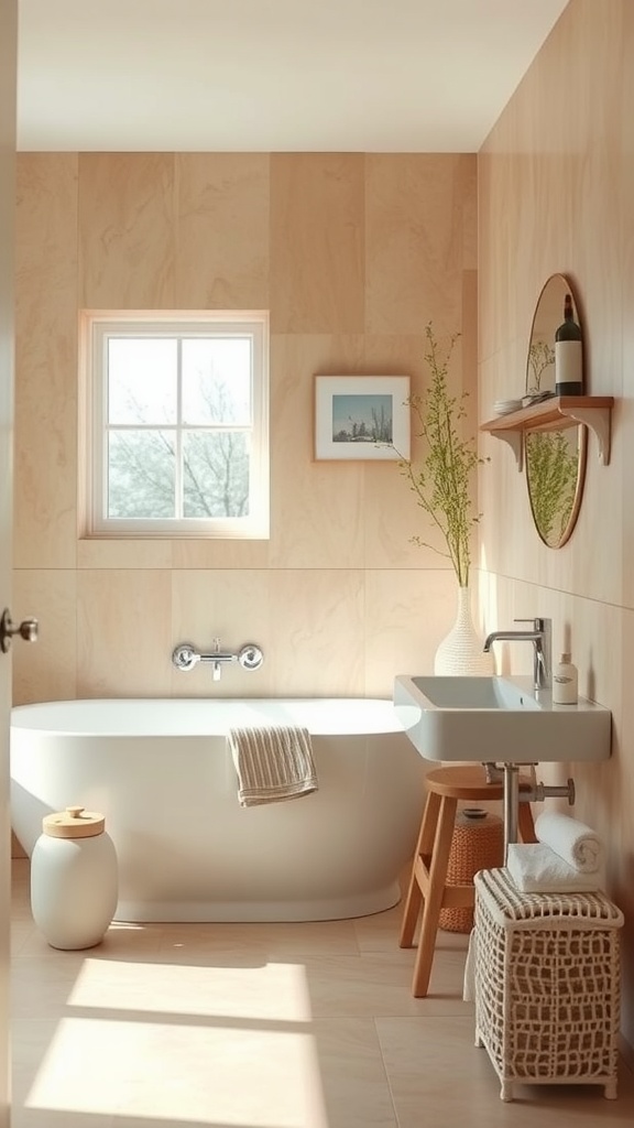 A serene bathroom with almond tones, featuring a freestanding tub, wooden accents, and natural decor.