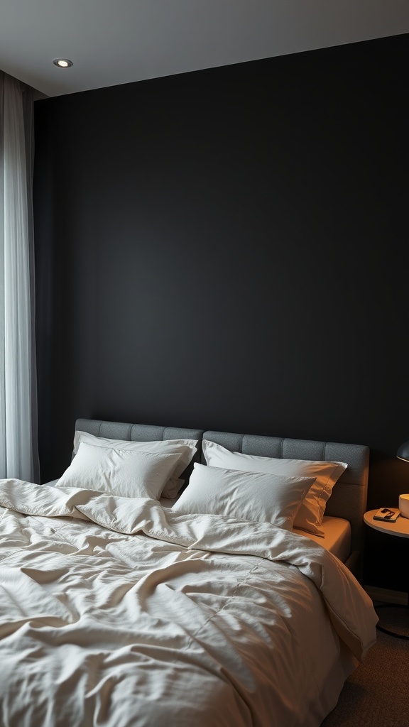 Bedroom featuring a matte black accent wall with neutral bedding and furniture.