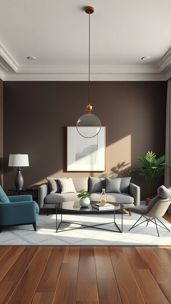 A stylish, minimalist living room with warm brown walls, modern furniture, and natural lighting.