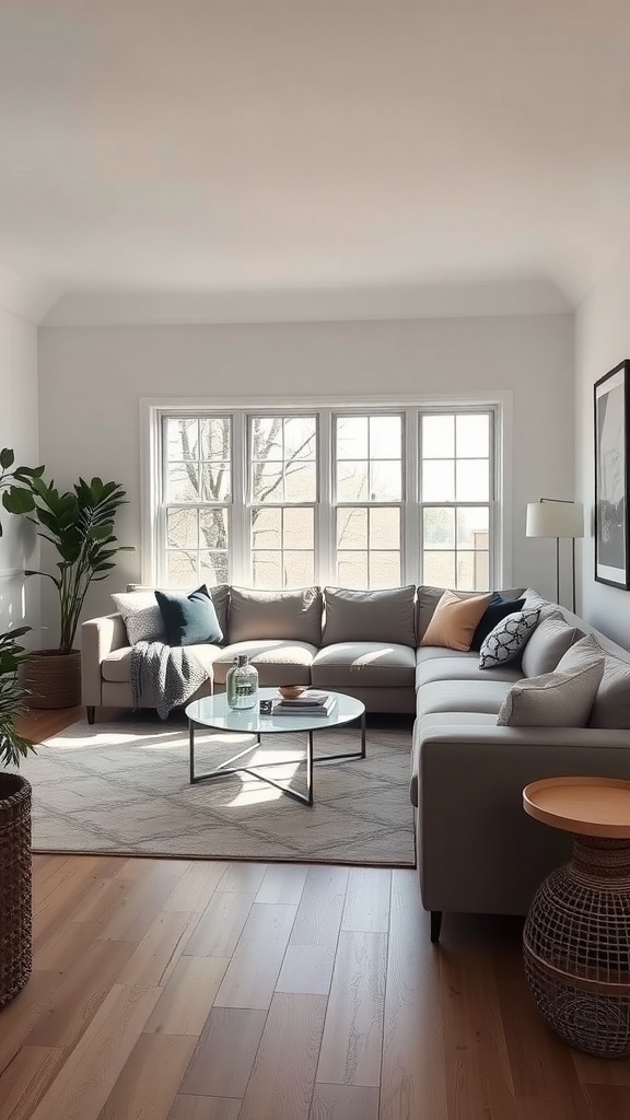 A cozy living room featuring a sleek modular sofa, a coffee table, and plants.