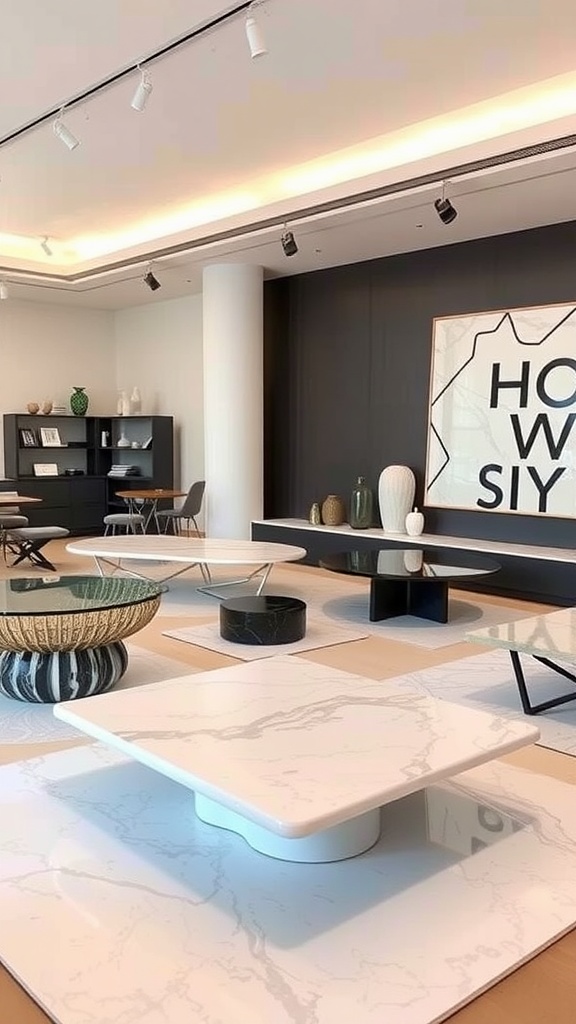 A modern showcase of various marble coffee table designs in a stylish setting.