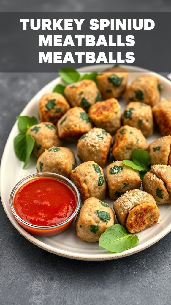 Plate of turkey and spinach meatballs with a side of sauce