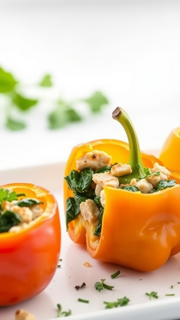 Two stuffed bell peppers with turkey and spinach on a plate