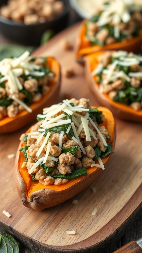 Stuffed sweet potatoes with turkey and spinach topped with cheese.
