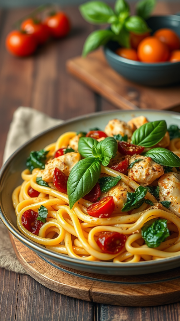A bowl of Tuscan chicken pasta with spinach, garnished with fresh basil