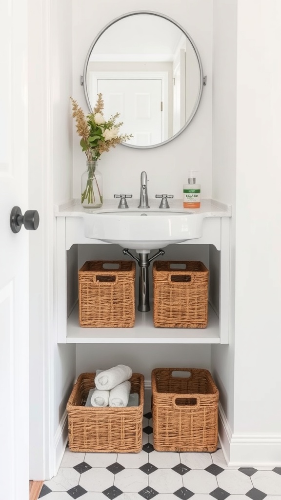 Under-sink area organized with stylish wicker baskets and a mirror above